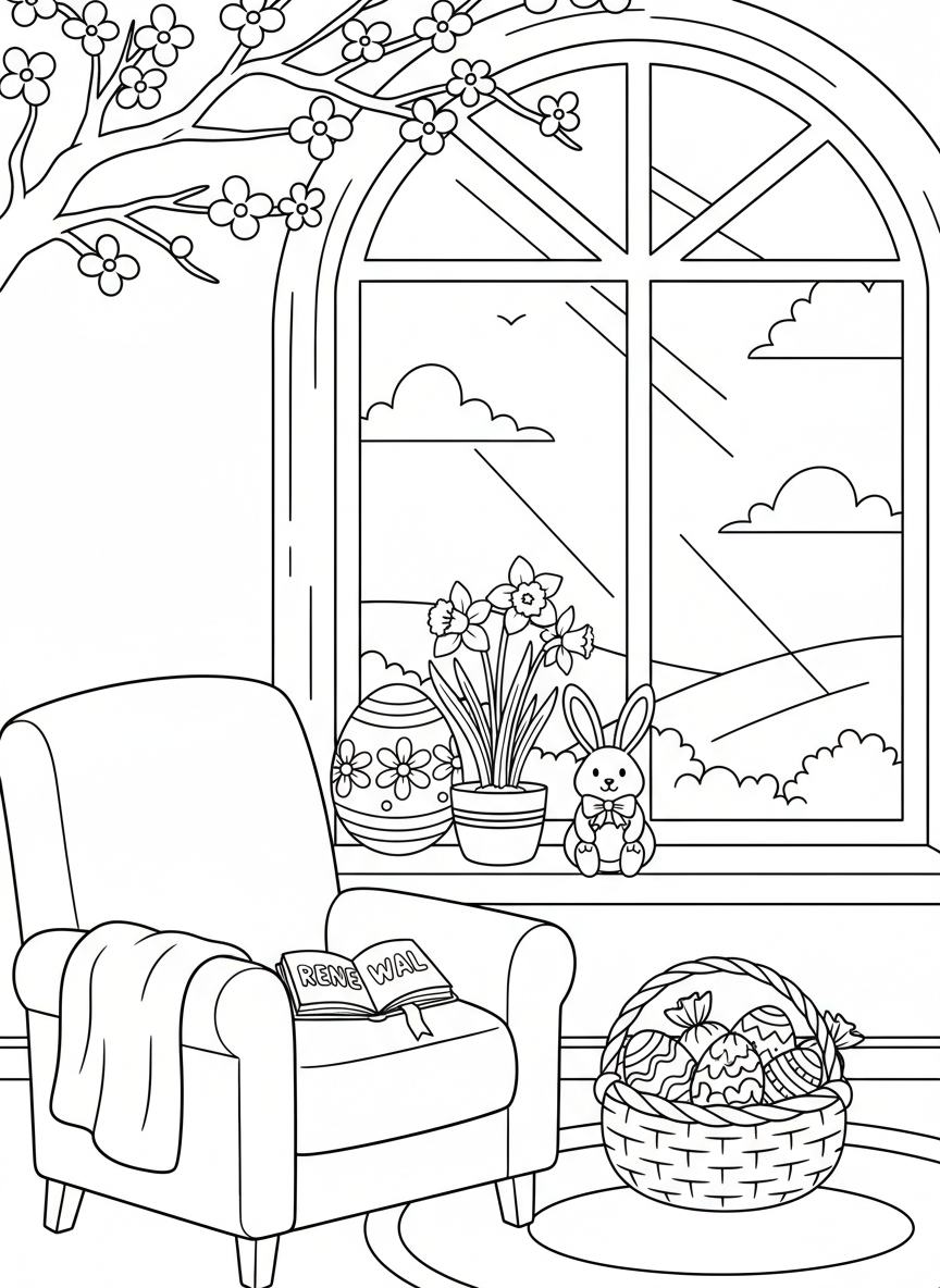 Easter coloring page prompts celebrating springtime, renewal, family gatherings, and seasonal joy.	A quiet moment of reflection near a window, spring light illuminating seasonal decorations.
