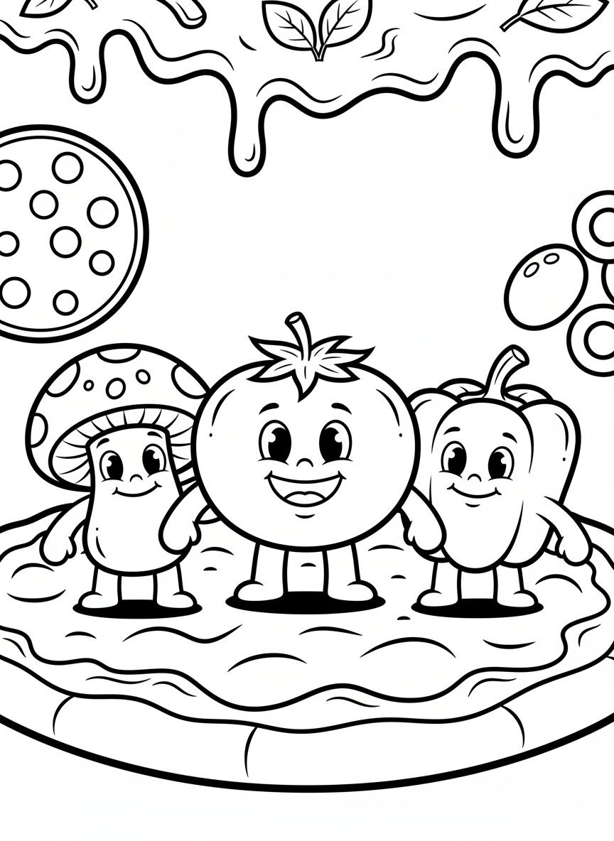 A friendly tomato, mushroom, and bell pepper characters standing together as pizza toppings, each with smiling faces and simple features