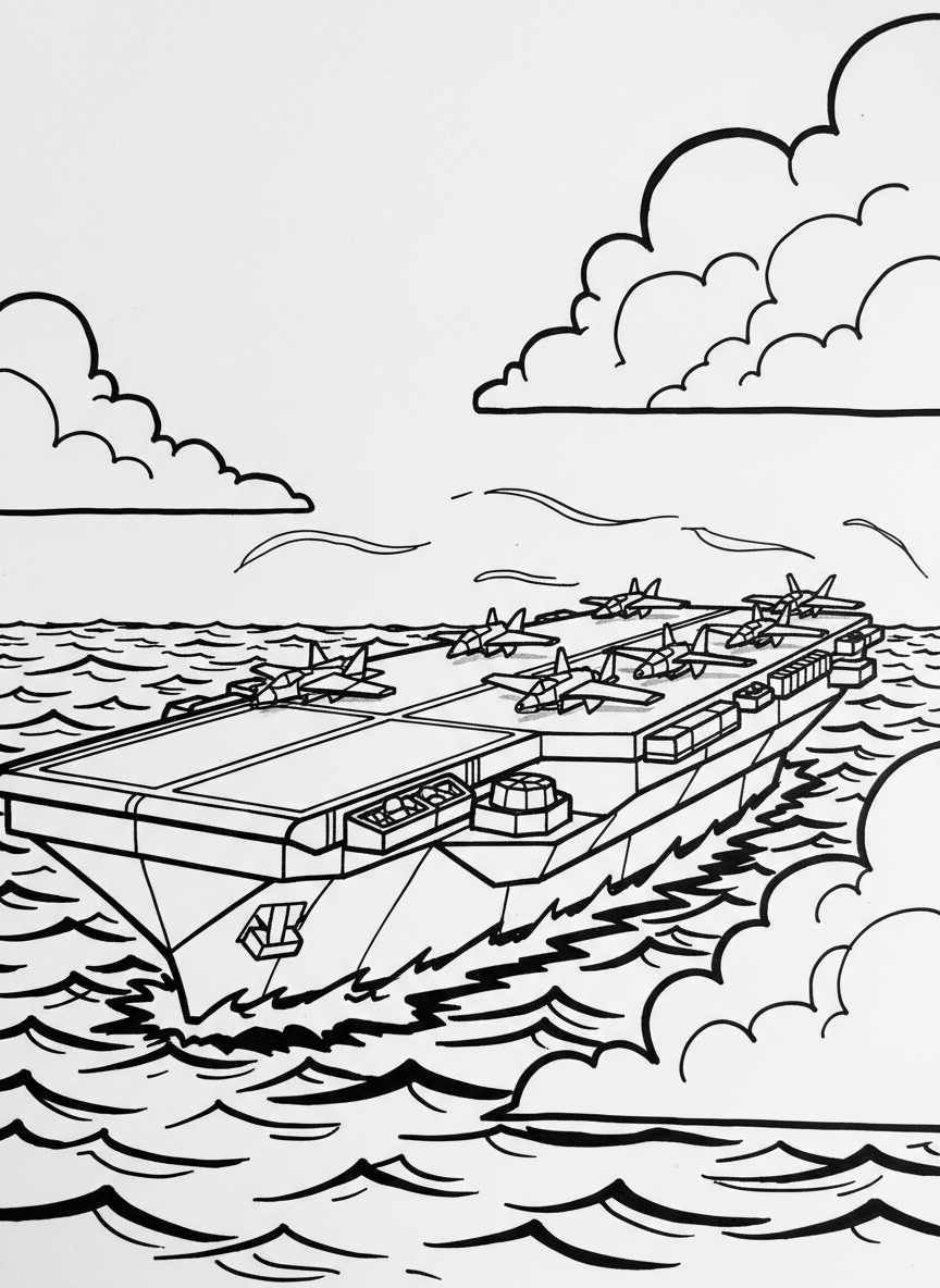 A paper-folded aircraft carrier with angular planes on deck, geometric runway lines, sailing through the ocean with simple cloud shapes above.