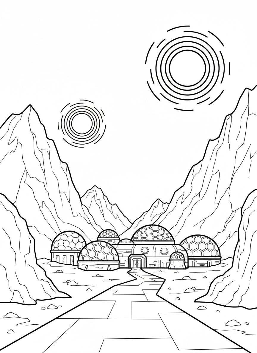 A futuristic space colony with dome buildings on an alien planet, mountains and two suns in the sky