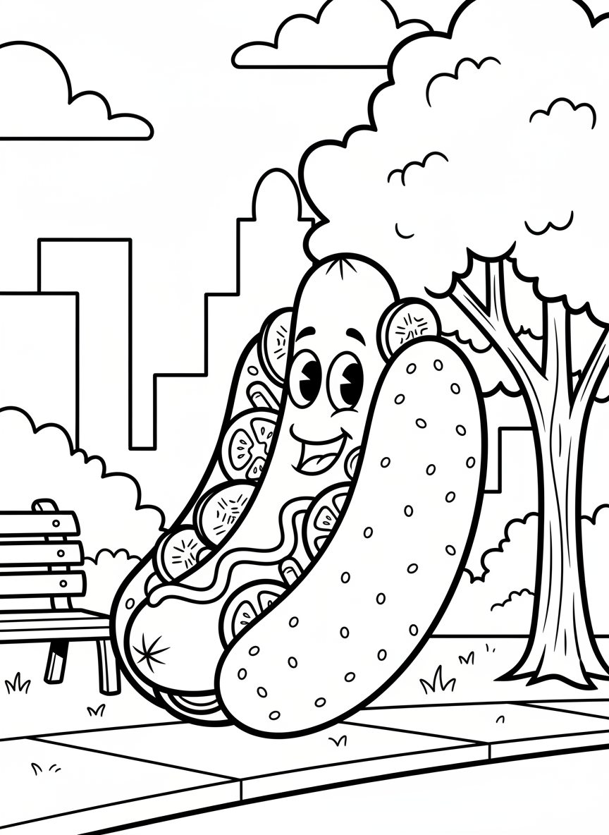 Cute cartoon hot dog with all the Chicago toppings including pickles, tomatoes, peppers, and mustard on a poppy seed bun