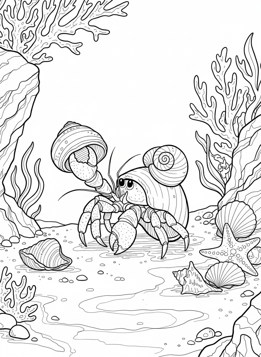 A hermit crab trying on different empty shells, with several decorative shells scattered around on the sandy tide pool floor.
