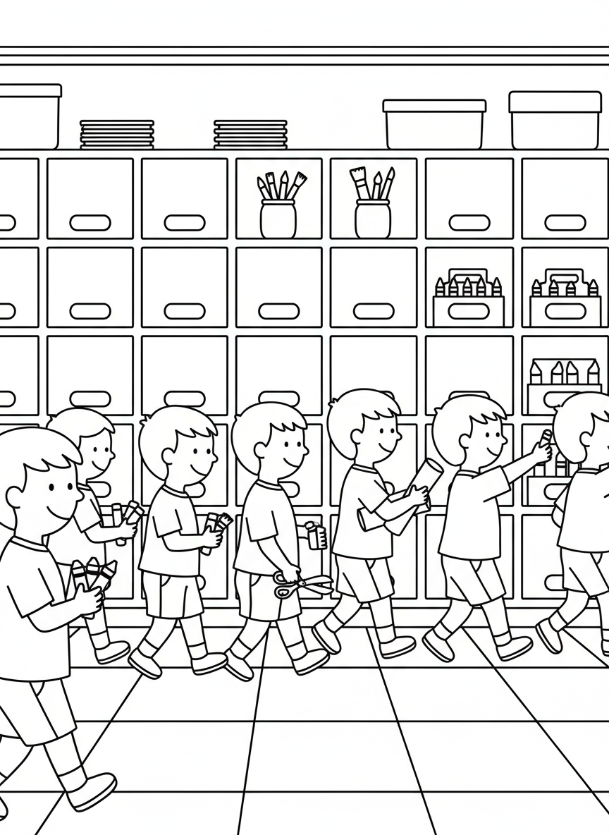 Children forming a line to put art supplies back in labeled cubbies, crayons and scissors in their hands, organized wall storage