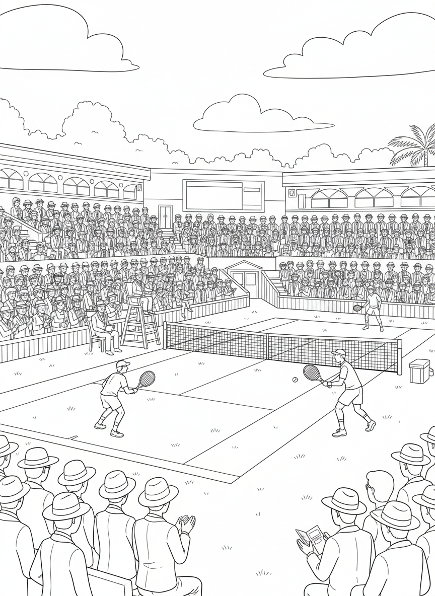 Wimbledon Finals coloring page prompts capturing tradition, grass courts, elegant crowds, and championship tennis drama.	Spectators dressed smartly in the stands, straw hats and programs visible as tradition fills the atmosphere.