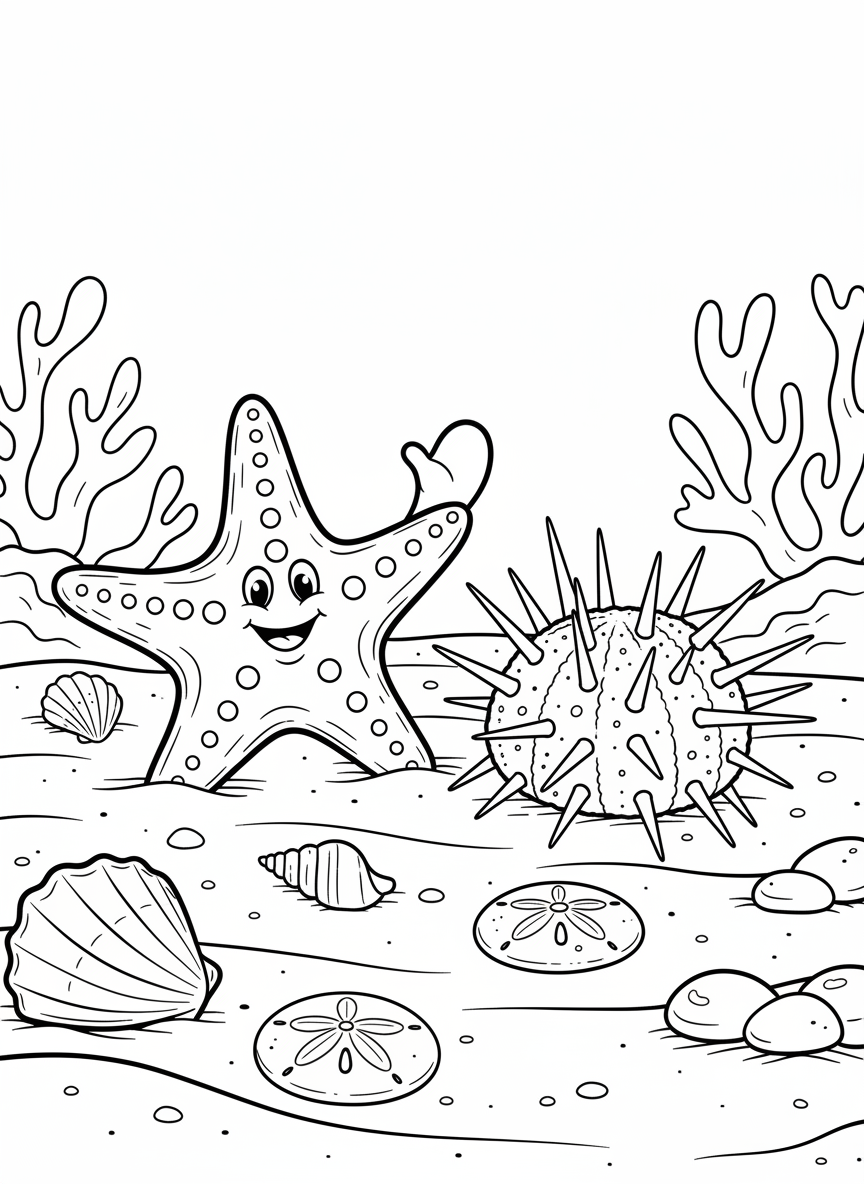 A friendly starfish waving one arm next to a spiky sea urchin, both sitting on a sandy bottom with small shells and a sand dollar nearby.