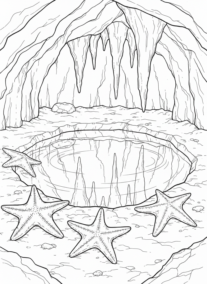 A group of starfish arranged on the cave floor around a tide pool, with stalactites reflected in the still water above