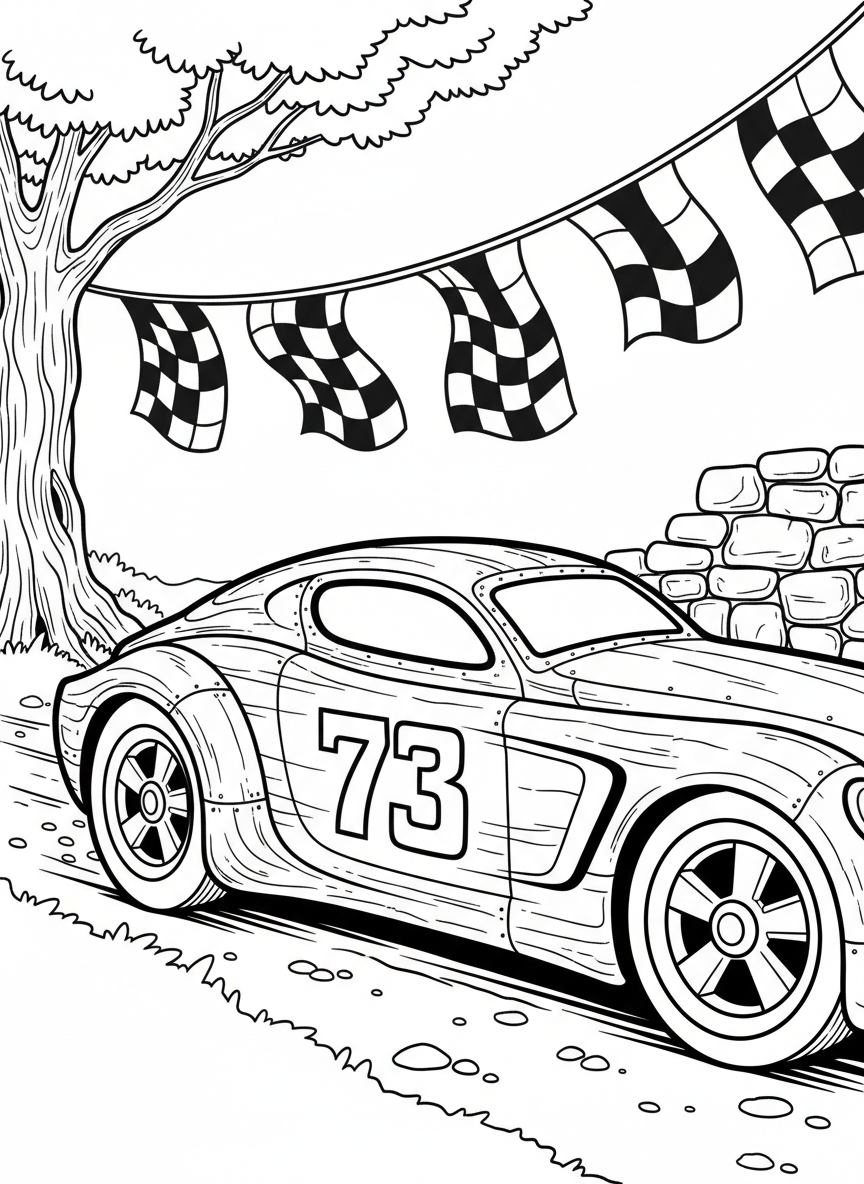 A cozy artisan-inspired race car with number painted on side, crossing finish line with checkered flags, simple outline design