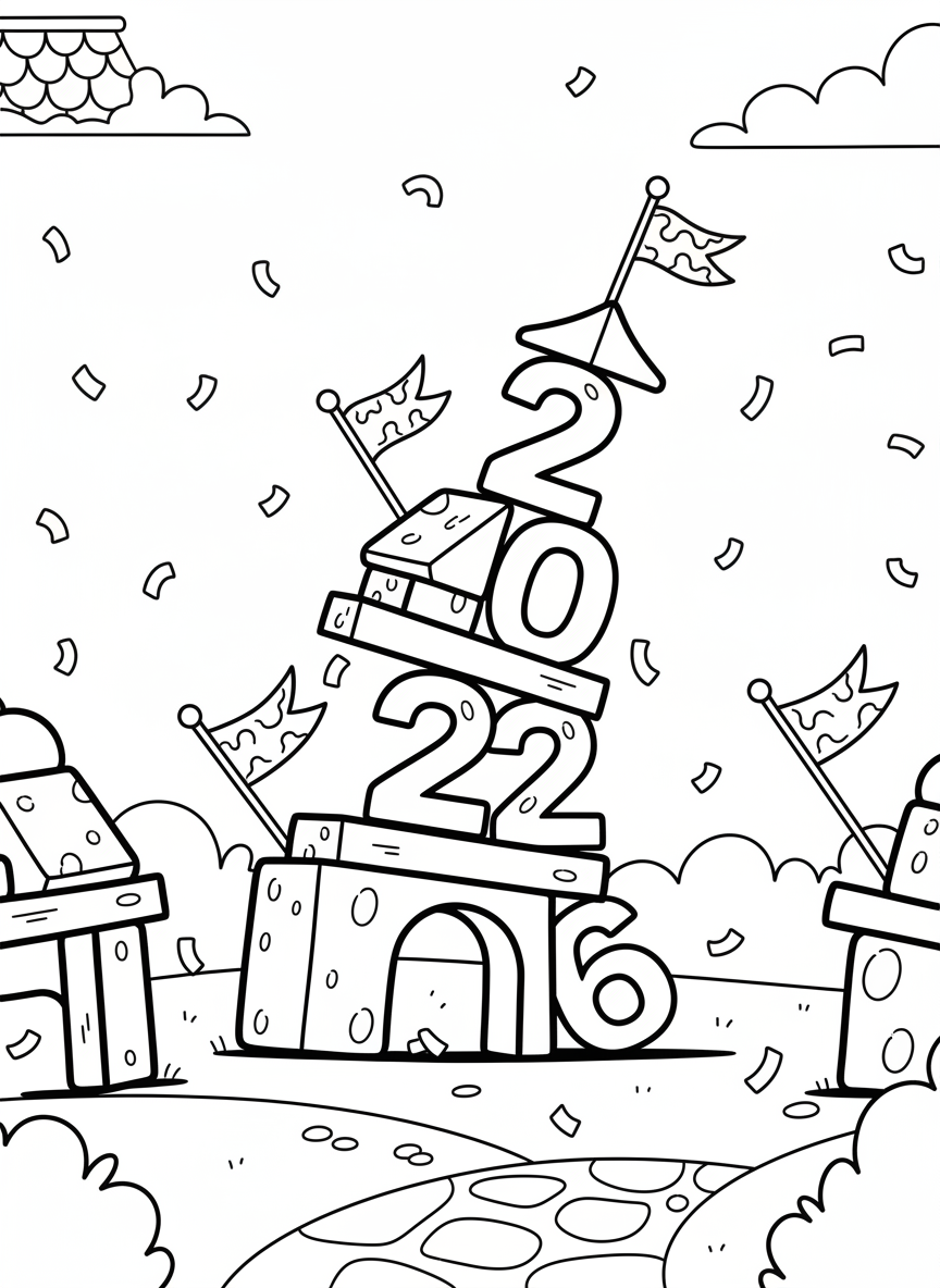 The numbers '2026' designed as building blocks stacked playfully, with small flags and confetti pieces decorating the scene.
