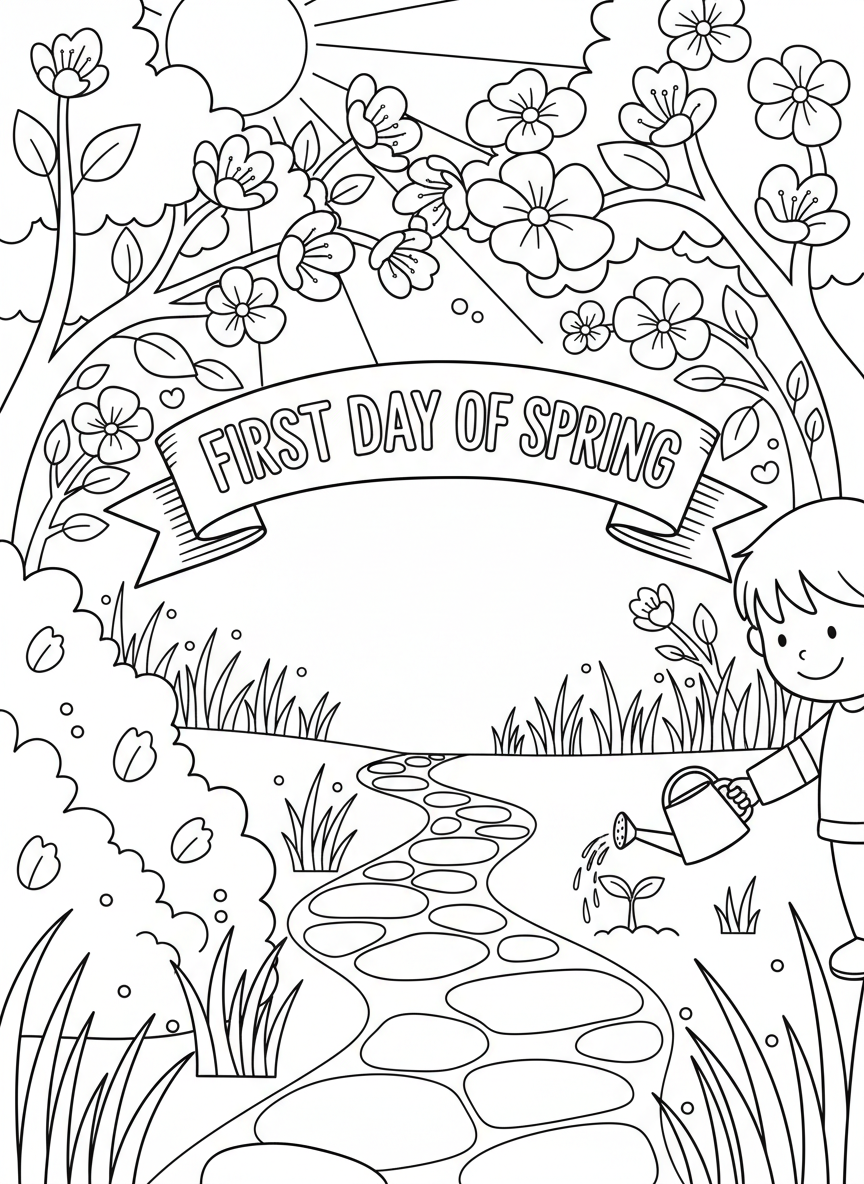 First Day of Spring coloring page prompts celebrating renewal, blooming landscapes, fresh air, and seasonal optimism.	A quiet morning walk through a field of new growth, dew sparkling softly in the sunlight.