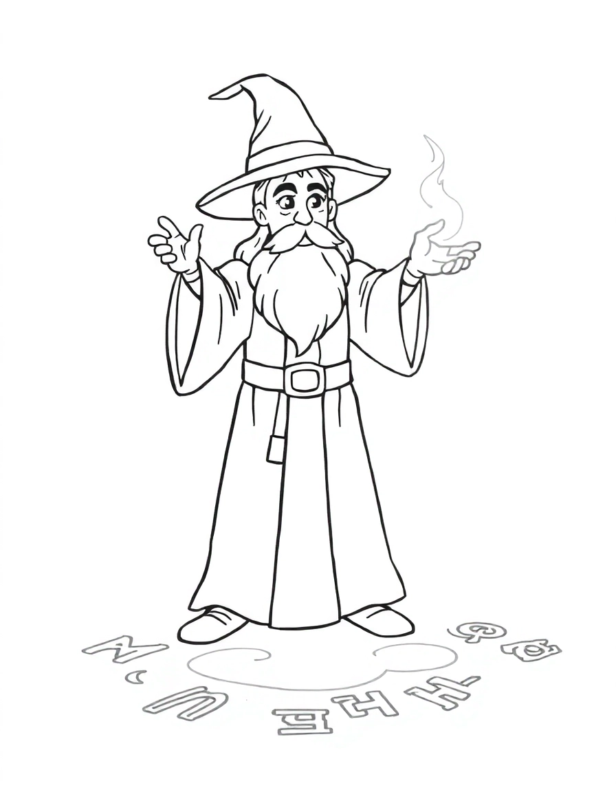 A wizard casting a spell, glowing runes on the ground