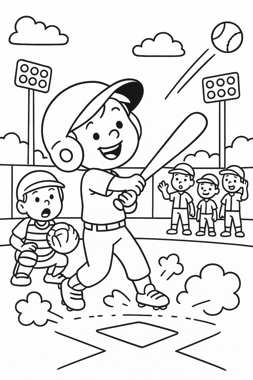 A smiling kid swinging a baseball bat, ball flying far into the sky, catcher surprised behind them, teammates in colorful uniforms, dust clouds at home plate, stadium lights glowing, and a fun, animated illustration style.