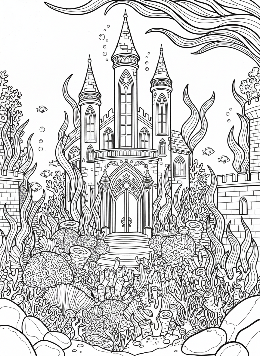 An underwater castle with tall towers, arched windows, and a grand entrance surrounded by coral and seaweed, detailed architecture