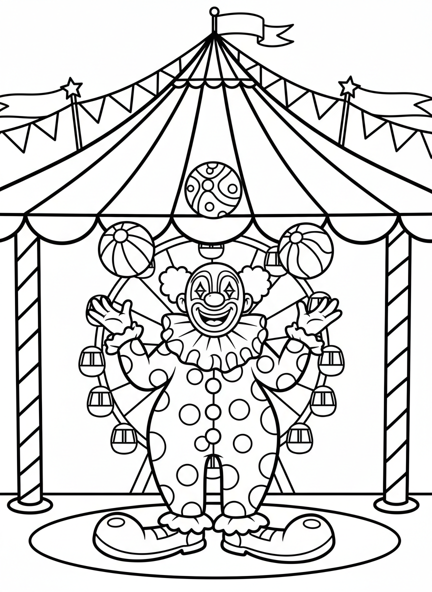 A cheerful clown juggling colorful balls under a striped circus tent with stars and flags decorating the top.