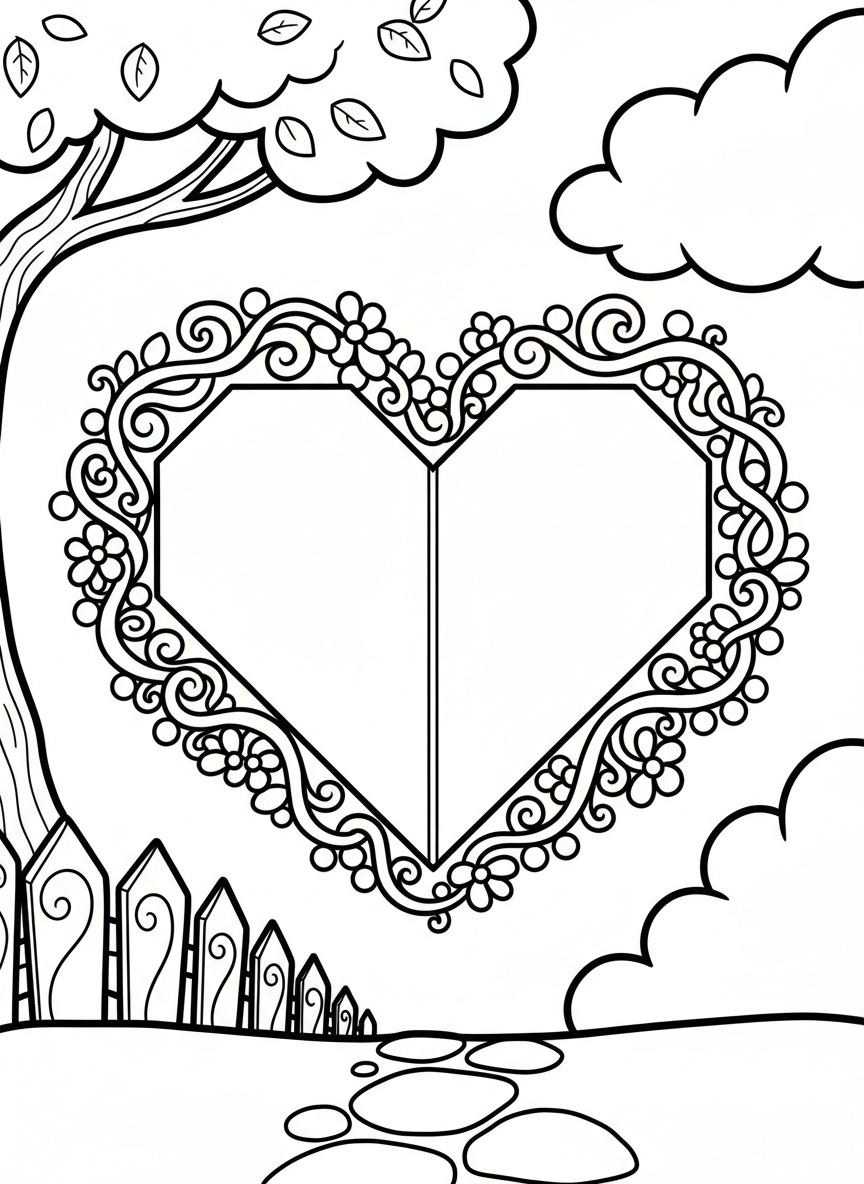 A simple origami heart shape with a decorative border, showing the center crease and symmetrical folded edges, ideal for young kids.