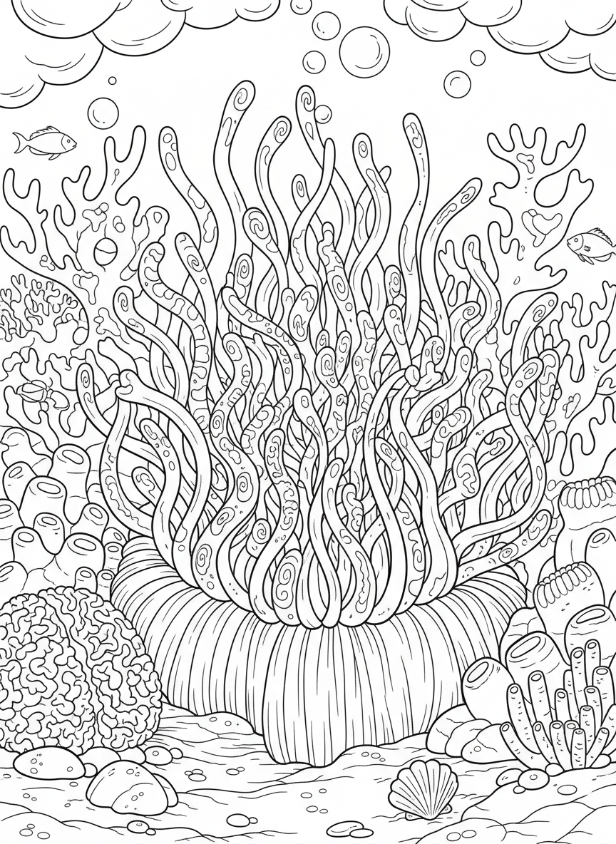 Giant sea anemone taking up most of the page with intricate tentacle patterns radiating outward, challenging design for older children