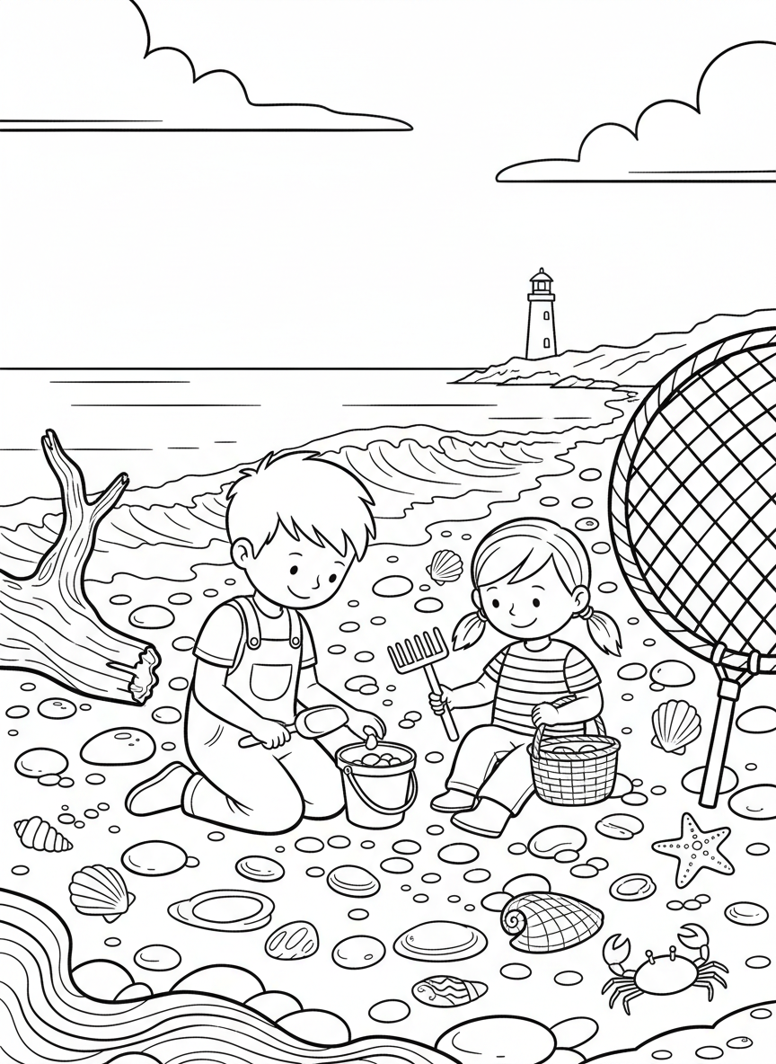 Two kids at the beach using buckets and small tools to search for sea glass and interesting shells among the pebbles.