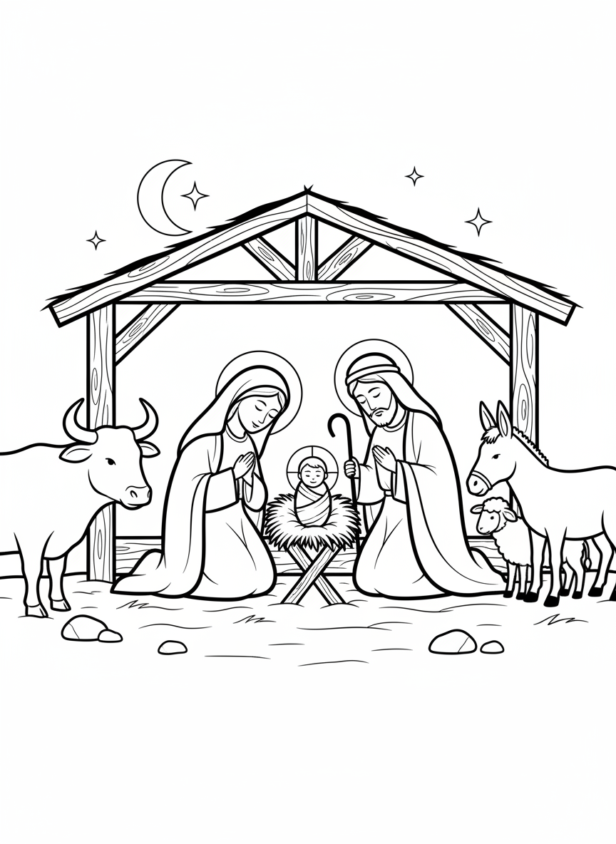 The nativity scene with baby Jesus in a manger, Mary, Joseph, and animals in a simple stable
