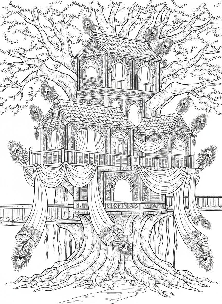 An Indian treehouse decorated with ornate carved patterns, colorful fabric drapes hanging from windows, and peacock feathers, built in a banyan tree.