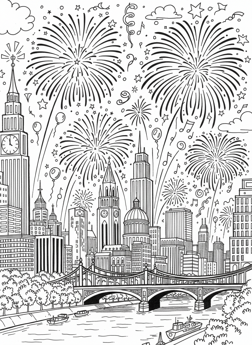 A festive cityscape silhouette with fireworks exploding above buildings, stars and celebration symbols in the sky