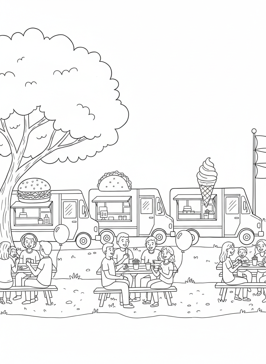 A food truck festival scene showing three different trucks side by side with picnic tables and families eating together.