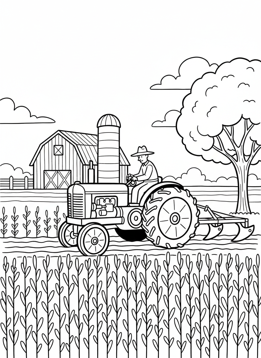 A farmer driving a tractor through a field of crops, with a barn and silo in the distant background under a sunny sky.