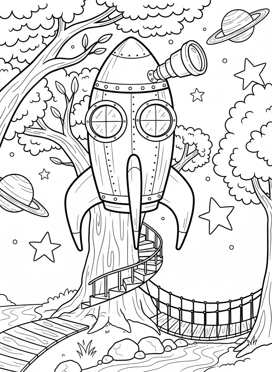 A whimsical treehouse shaped like a rocket ship with observation windows, a telescope emerging from the top, and stars and planets all around.