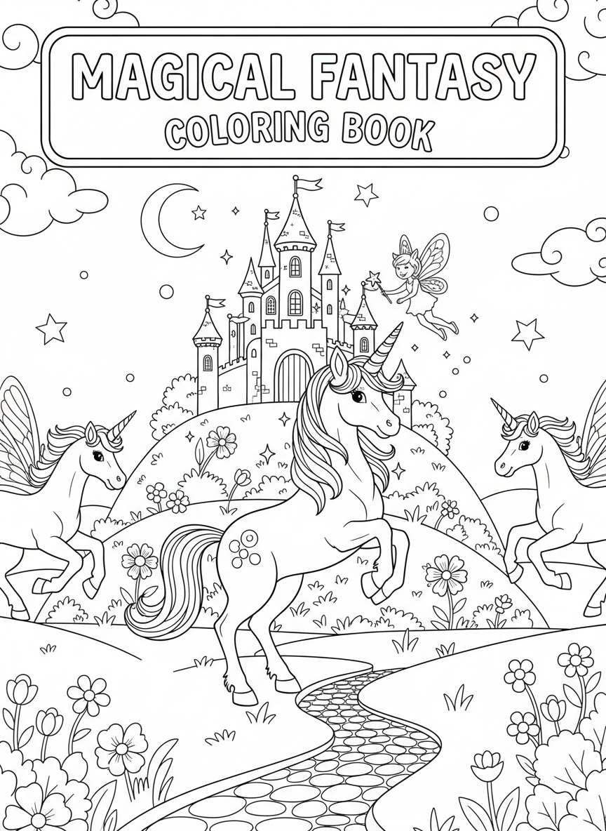 Magical fantasy coloring book cover, full-color illustration with friendly unicorns, fairies, and a sparkly castle on a hill. Pastel palette, title-safe area at top.