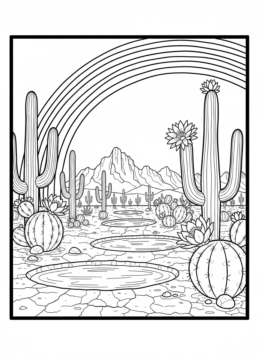 Desert landscape after rain with puddles, blooming cacti, rainbow in sky, and mountains in distance