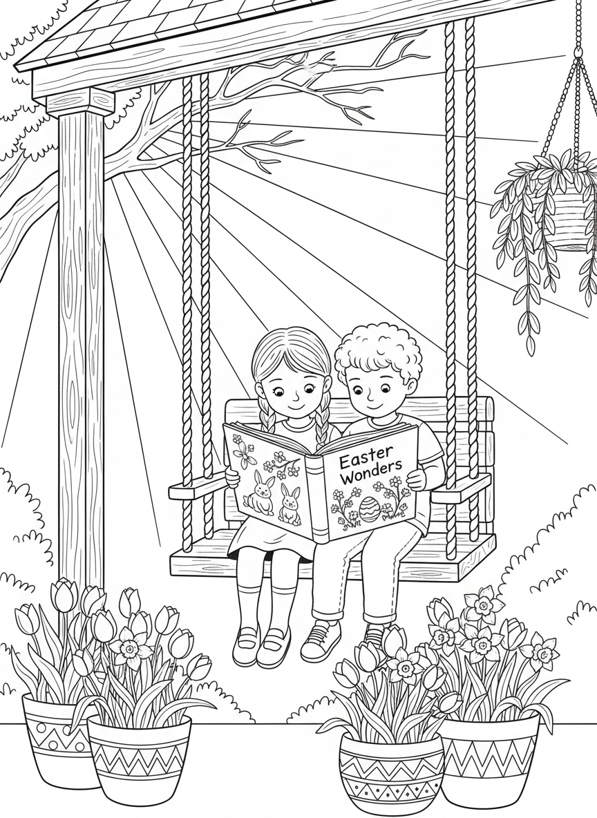 Two children reading an Easter story book together on a porch swing, with potted flowers and morning sunshine creating a peaceful scene.