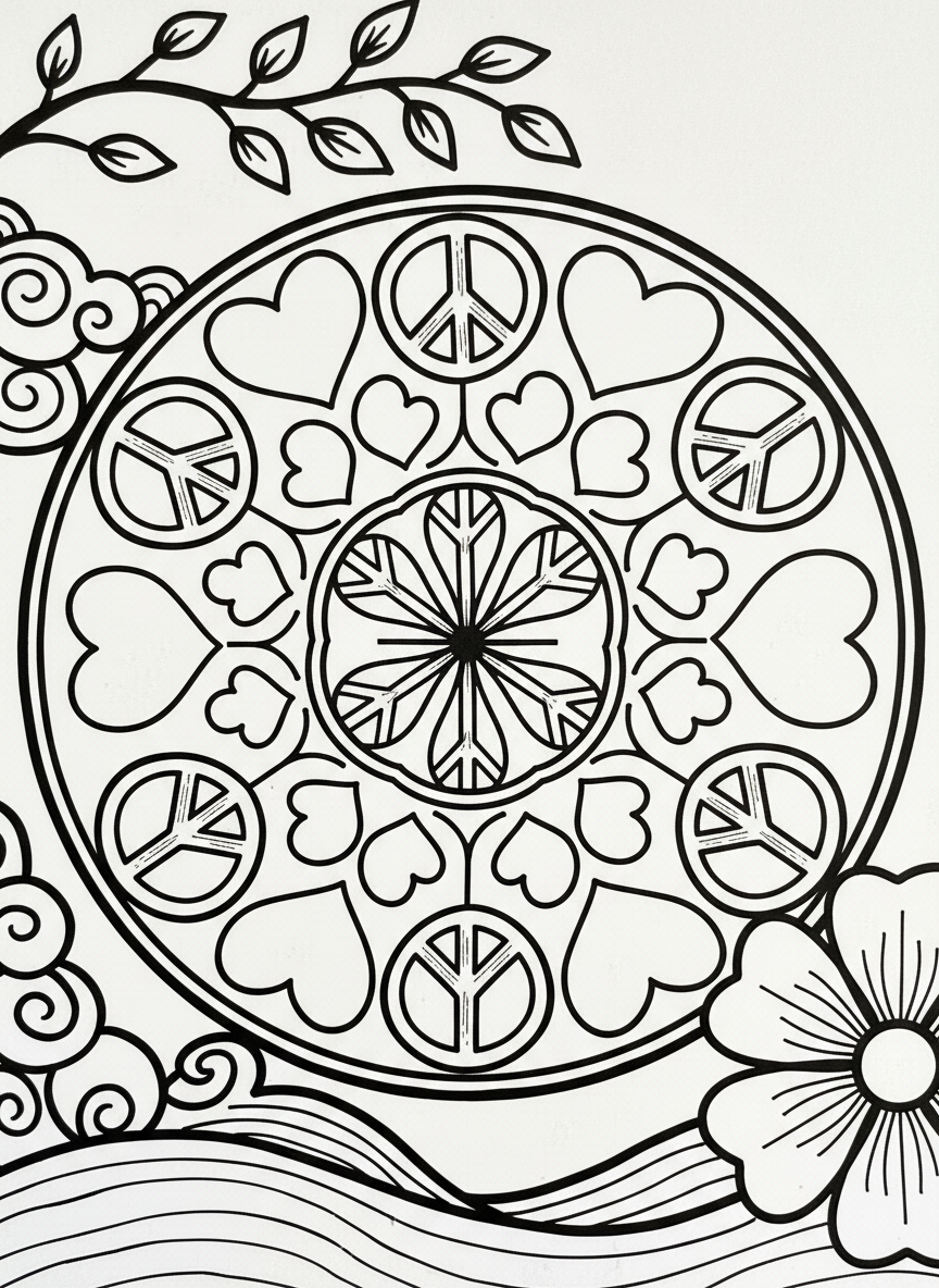 A simple mandala featuring large peace signs and heart symbols alternating in a circular pattern, easy outlines