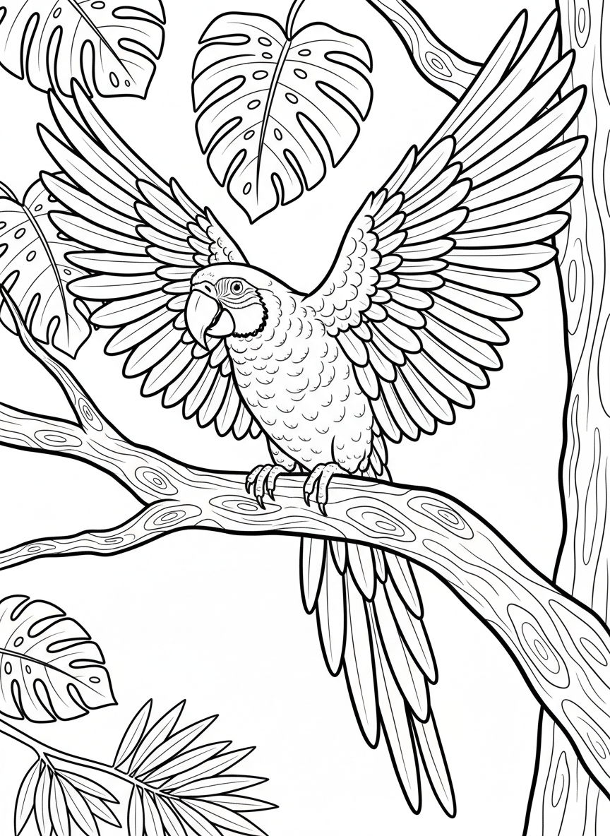 A colorful parrot perched on a wooden branch with spread wings, showing detailed feather patterns in black and white outlines.