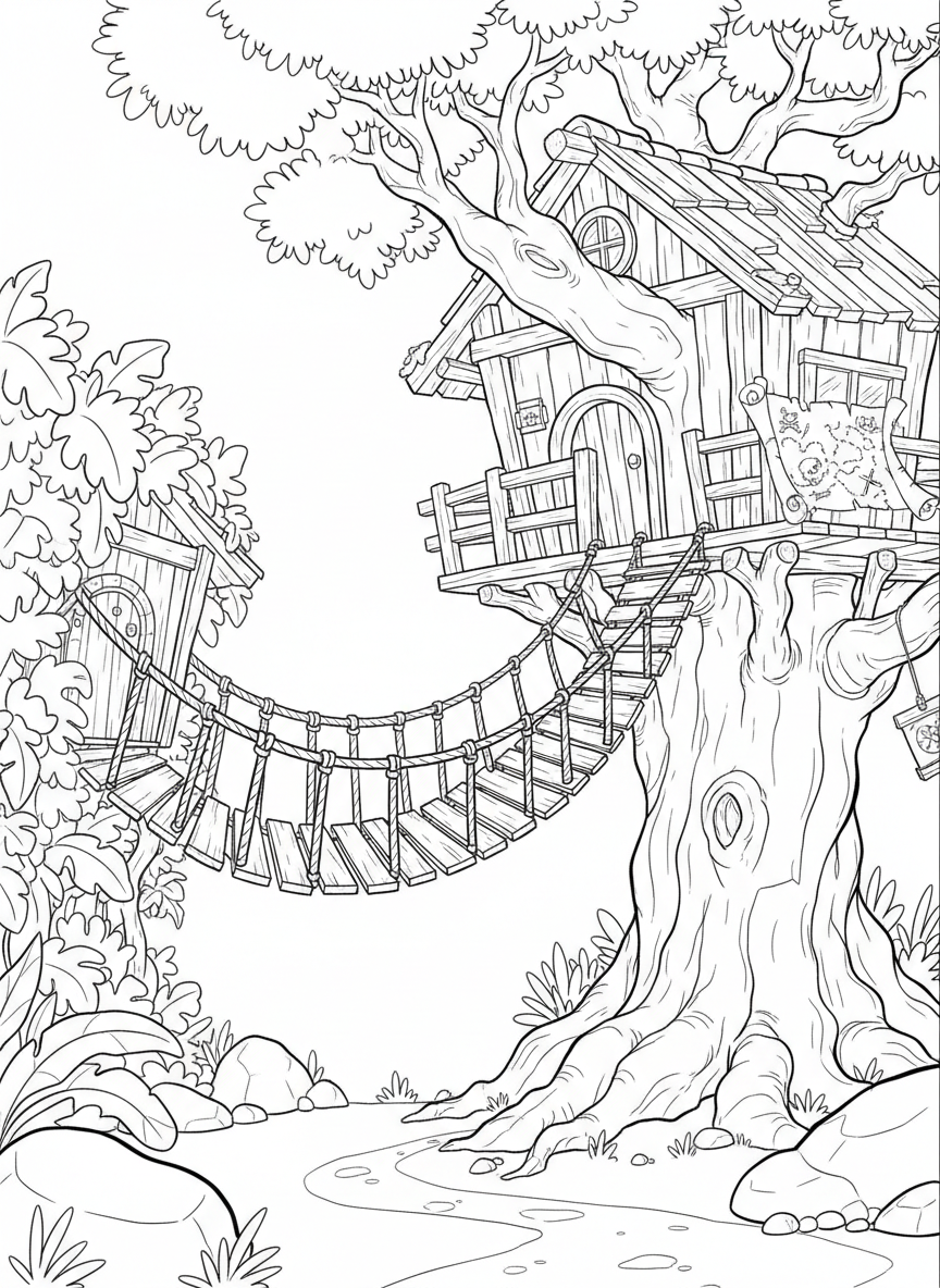 A treehouse with a suspension bridge made of rope and wood leading to a secret hideout, treasure map visible on the platform.