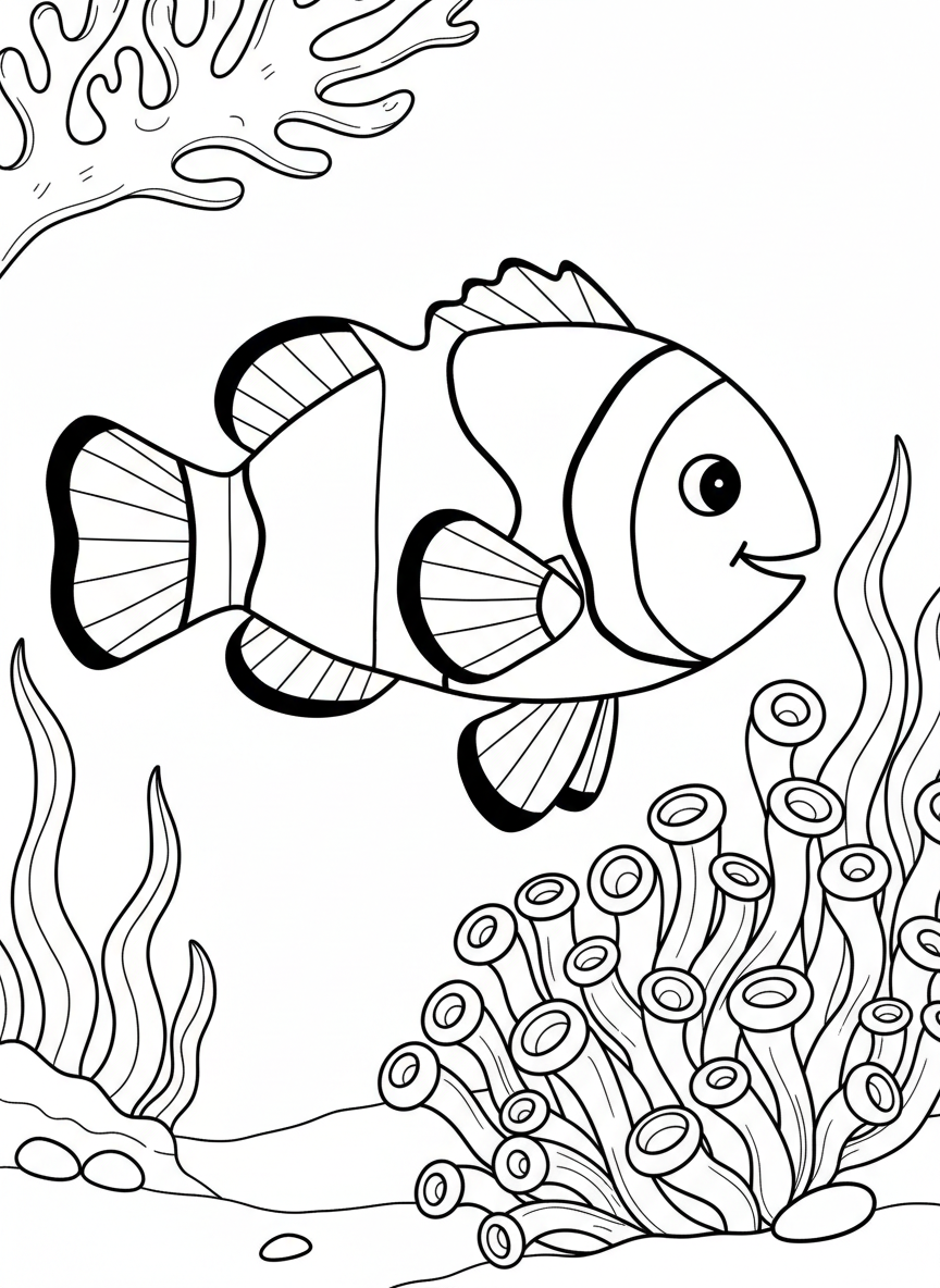 An origami clownfish with three rounded stripes, fan-shaped fins, and cheerful expression, swimming near folded anemone
