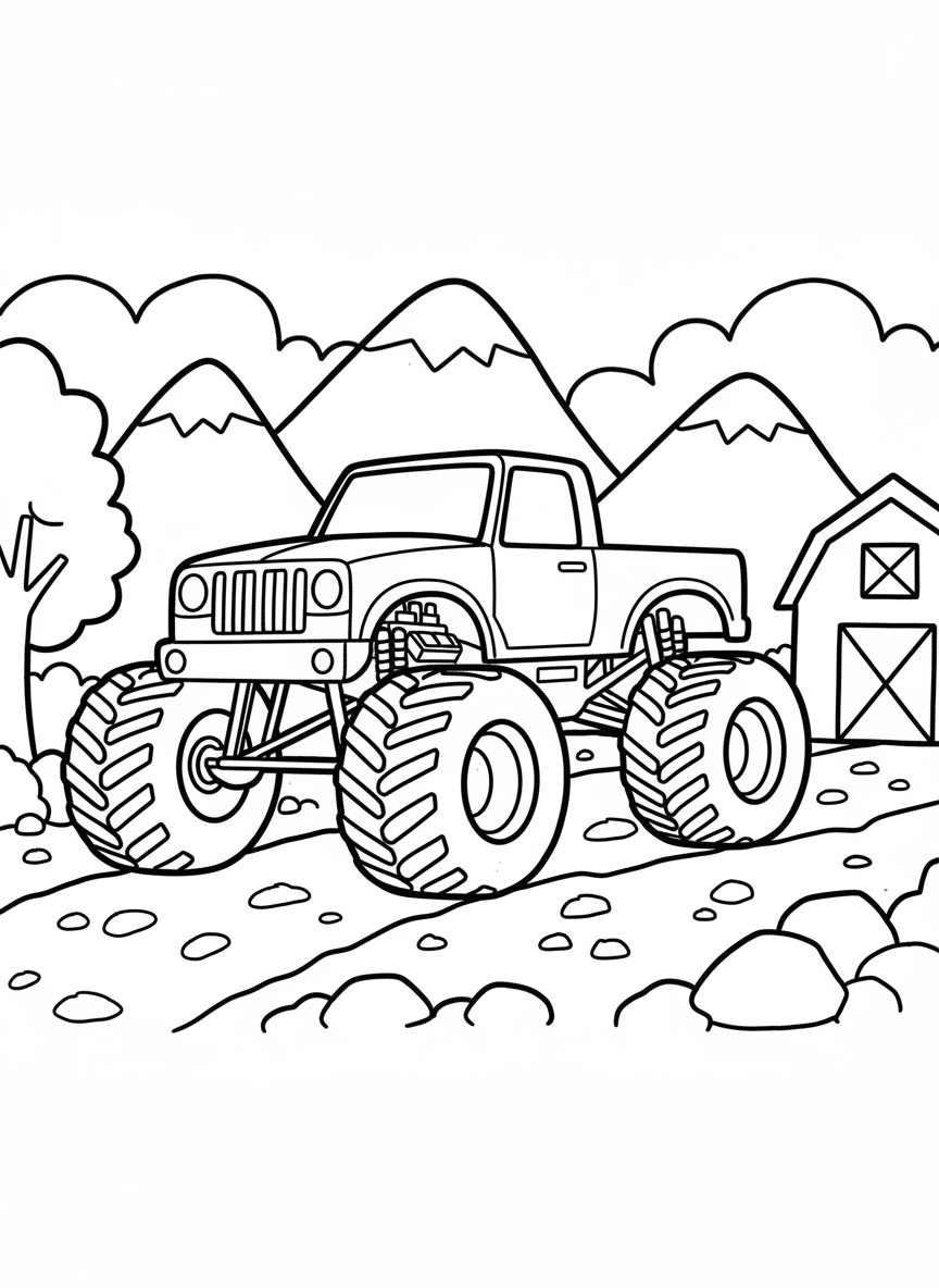 Simple monster truck outline with large circular wheels and rectangular body, ideal for toddlers