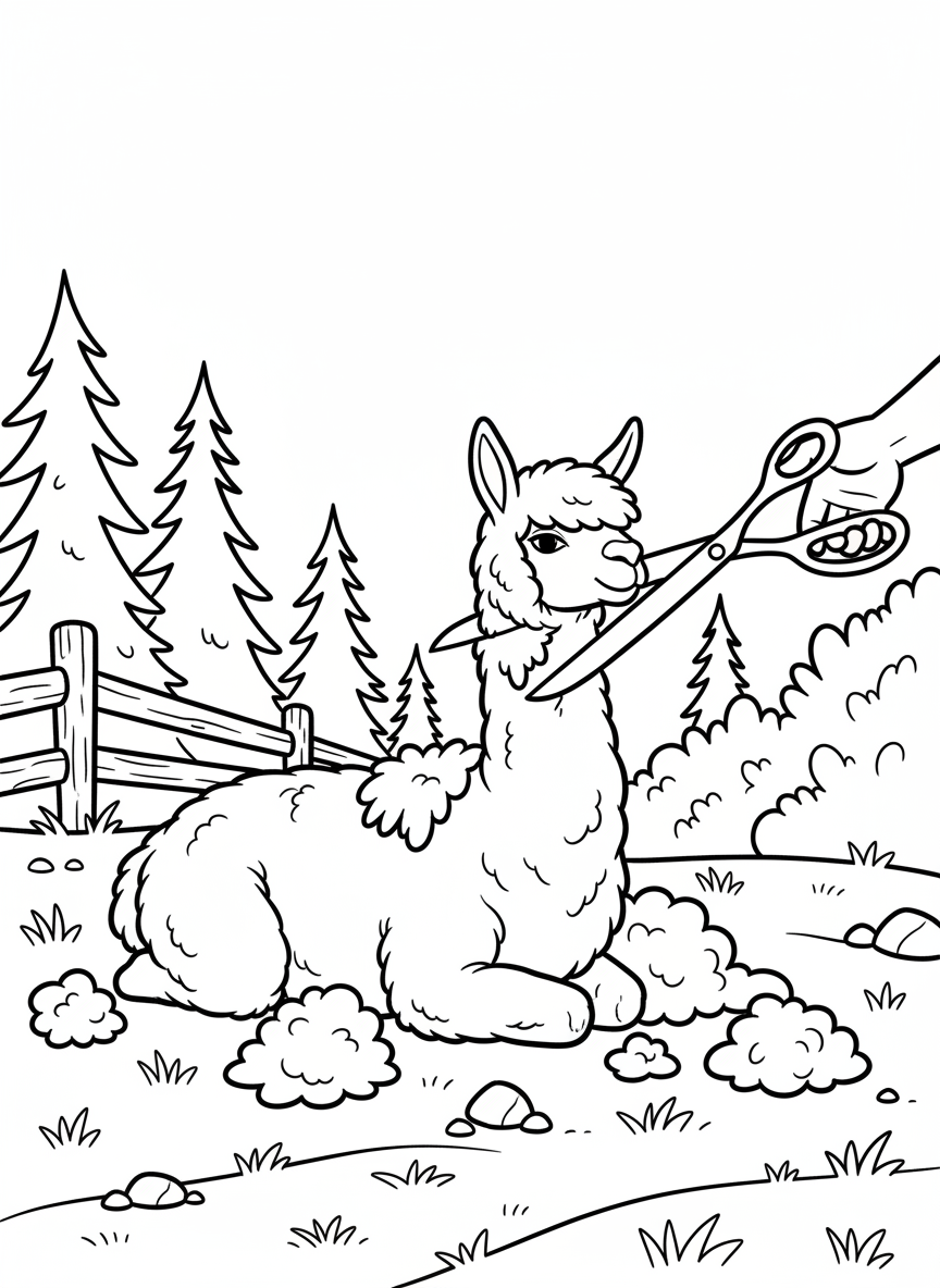 An alpaca getting a haircut, sitting calmly while scissors and wool clippings are visible around it.