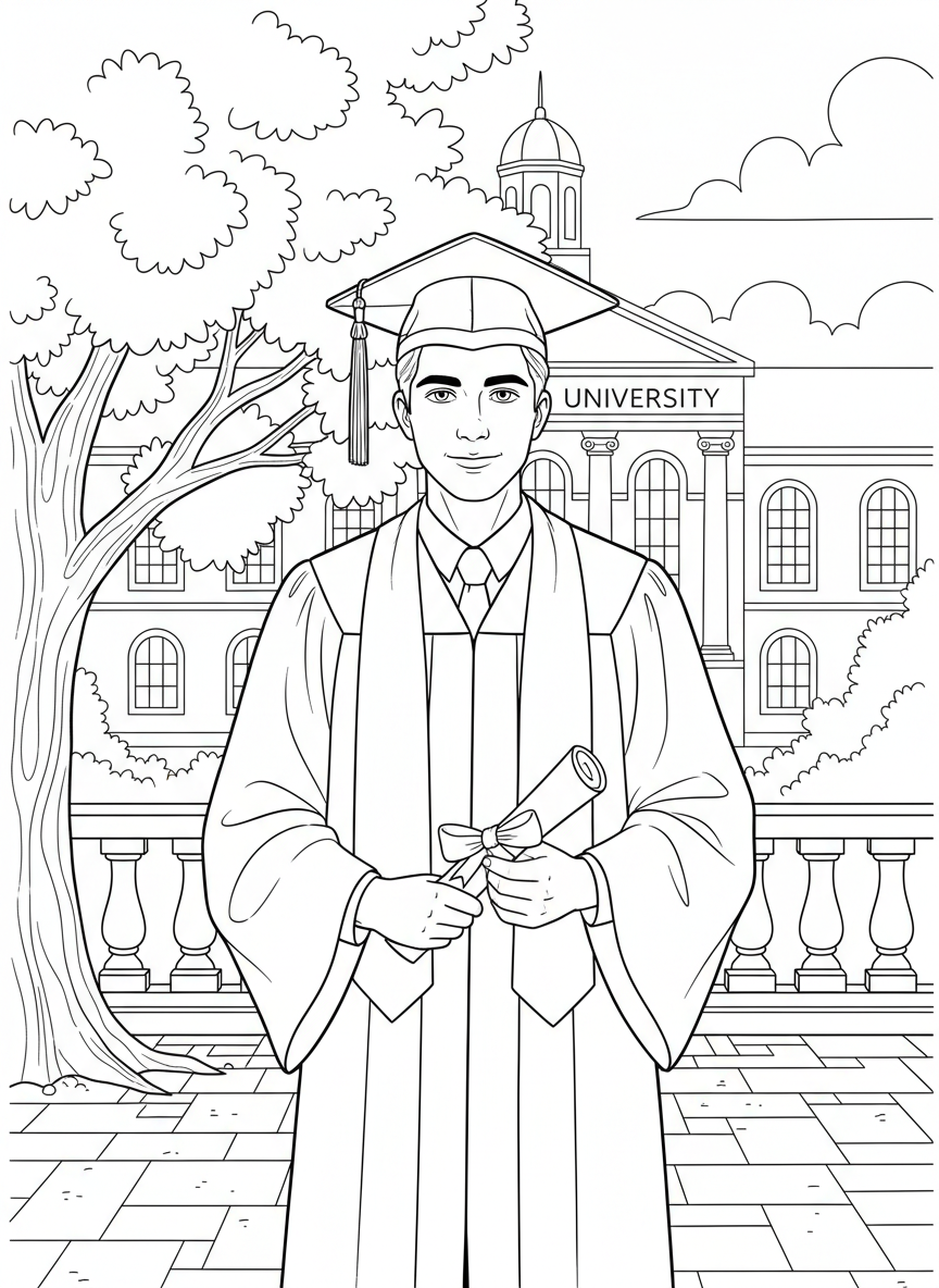 Graduation Day coloring page prompts celebrating achievement, ceremony, pride, and major life milestones.	A quiet moment after the ceremony with a graduate holding their diploma.