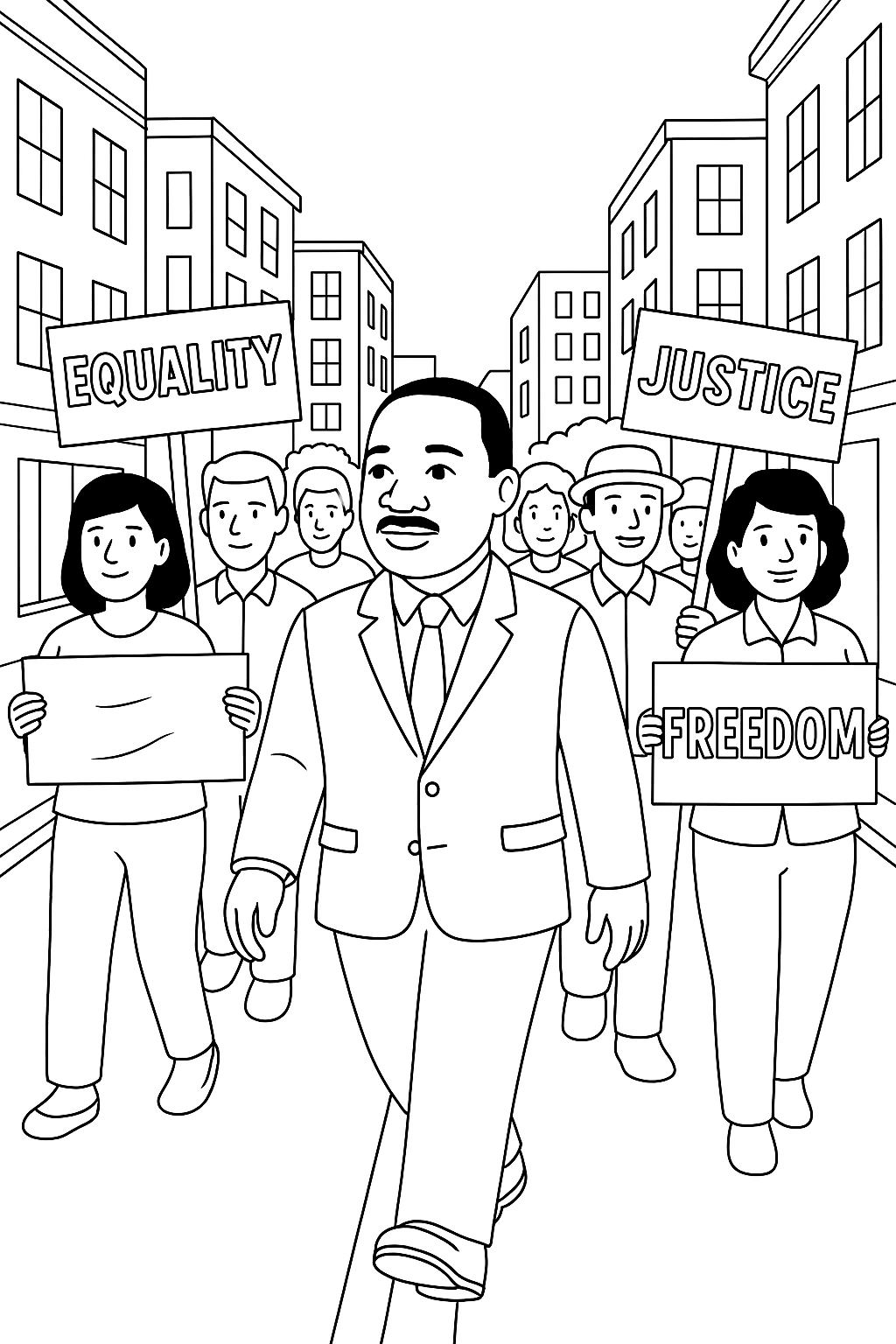 Martin Luther King Jr. leading a peaceful civil rights march, walking forward with calm determination, surrounded by men and women holding protest signs reading “Equality,” “Justice,” and “Freedom,” city buildings lining the street, diverse crowd united together, sense of courage and nonviolence