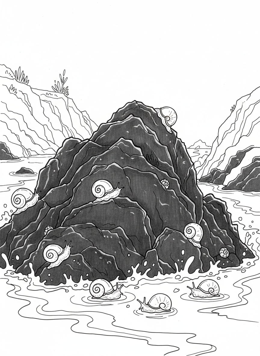 Detailed scene of a tide pool rock cluster with snails at different heights, some near water line, some higher up