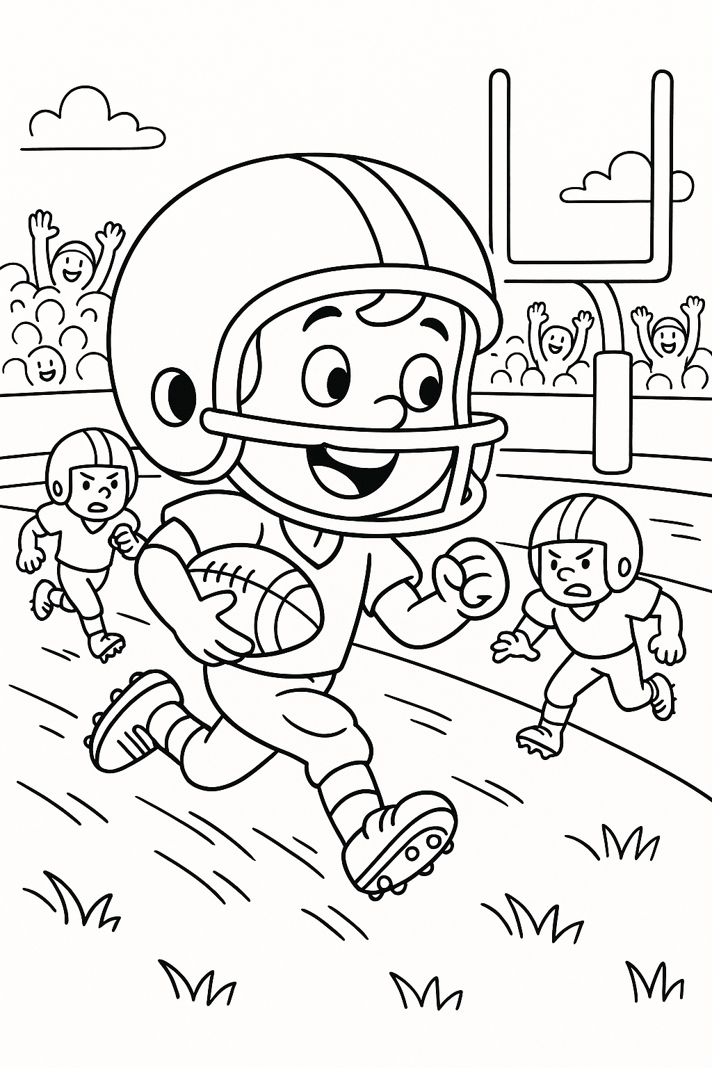 A young football player running with the ball, helmet oversized and fun, defenders chasing, grass lines rushing past, crowd cheering, arms raised near the end zone, and an energetic, colorful cartoon vibe.