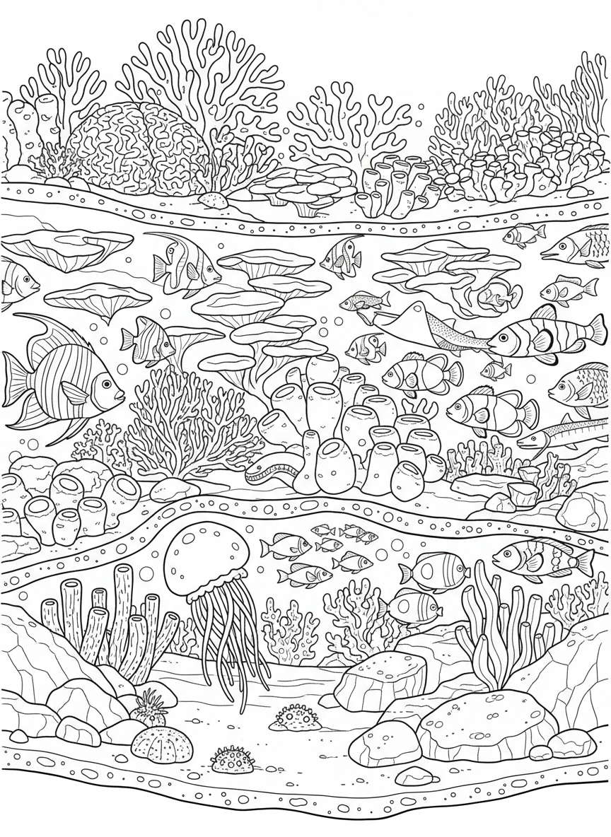 A vibrant coral reef cross-section showing different layers with various fish species at different depths