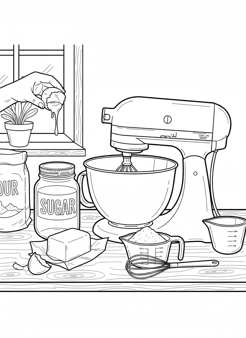 A stand mixer with a bowl underneath, surrounded by baking ingredients like eggs, butter, sugar containers, and measuring cups.