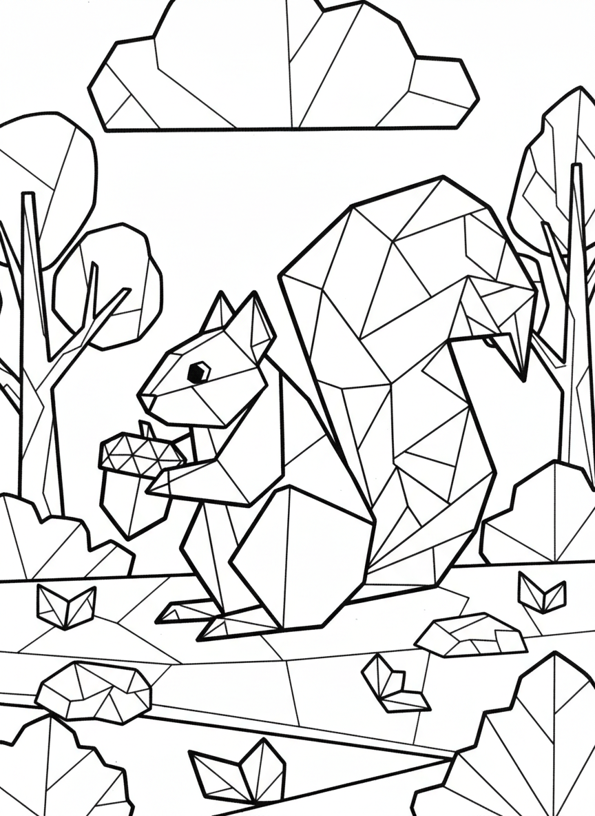 A detailed origami squirrel holding an acorn, with an elaborate folded bushy tail and intricate geometric patterns for older kids.