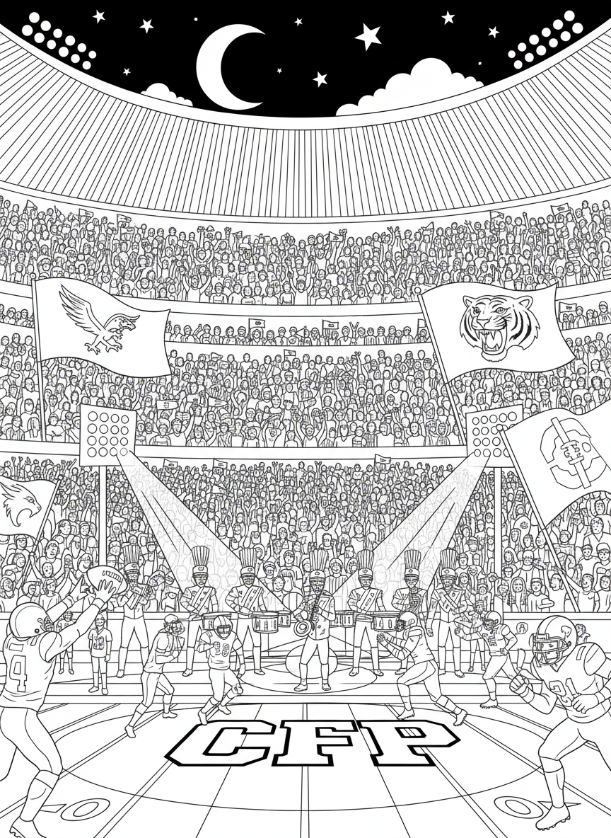 College Football Playoff coloring page prompts capturing tradition, rivalry, pageantry, and high-stakes championship football moments.	A playoff stadium alive with marching band music and waving school flags, fans layered in team colors as the field glows beneath winter skies and television lights.