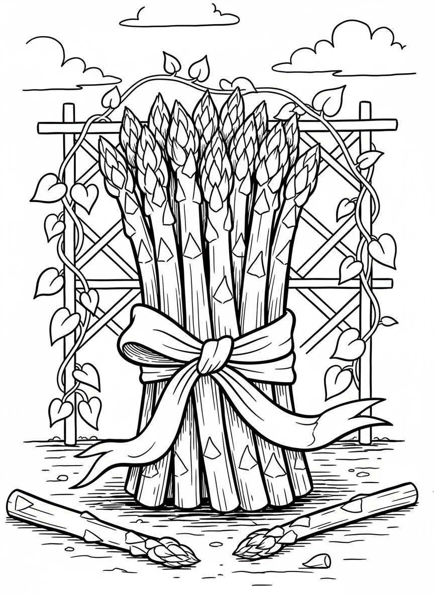 A bunch of asparagus spears tied together with a ribbon, simple vertical composition with clean lines