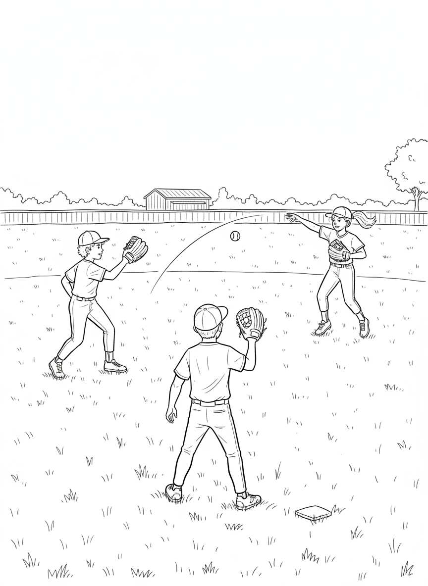 Three young players practicing in the outfield, tossing a baseball in a triangle pattern with gloves ready.