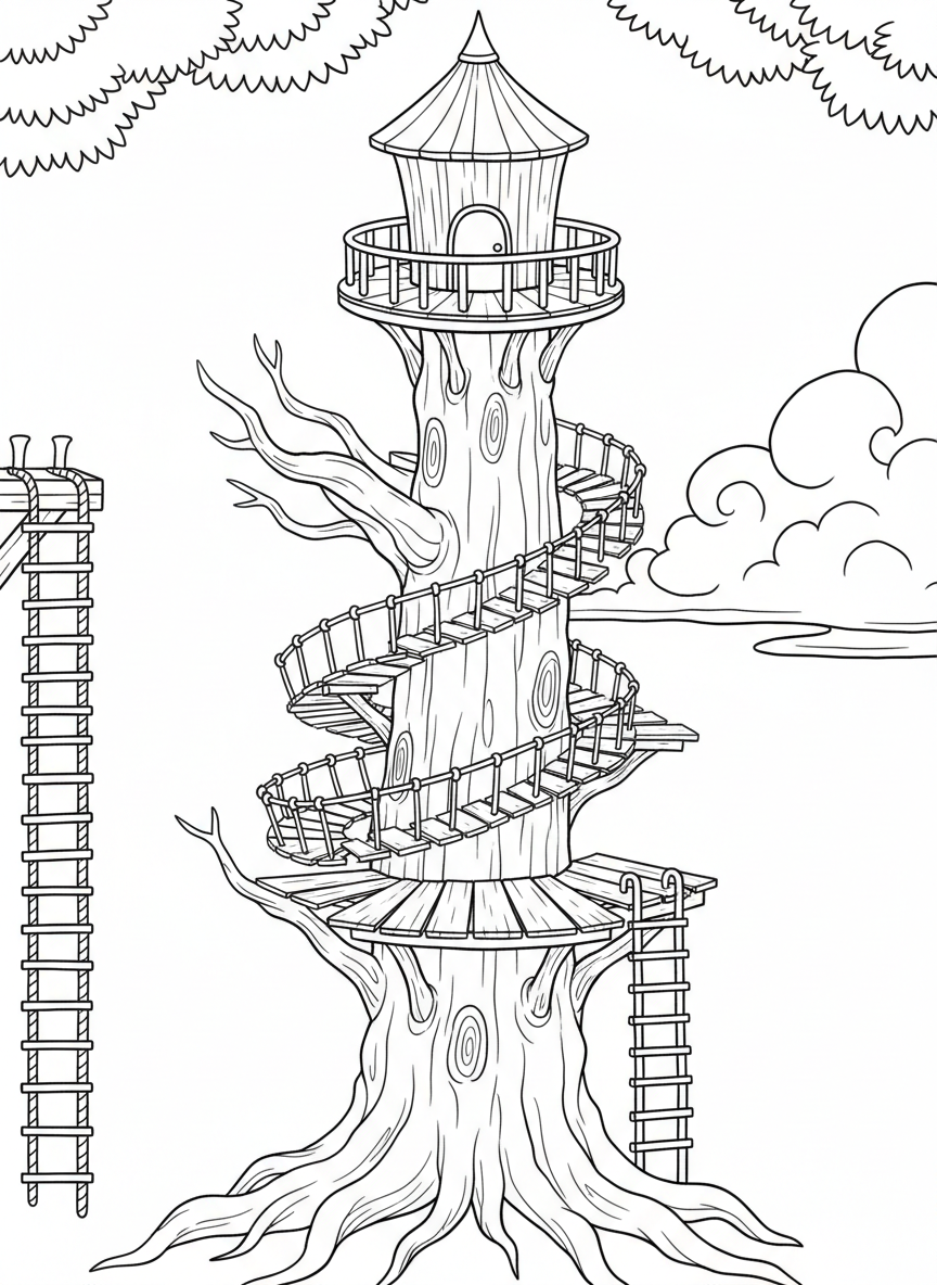 An adventure treehouse with a spiral rope bridge winding around the tree trunk, a lookout tower at the top