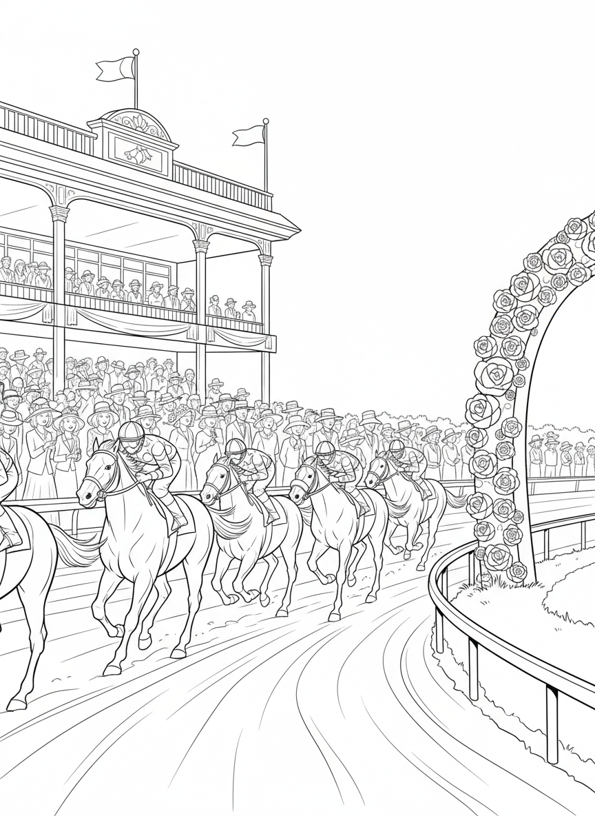 Kentucky Derby coloring page prompts capturing elegance, horse racing tradition, spring fashion, and historic pageantry.	Horses rounding the first turn, muscles straining as jockeys guide them tightly along the rail in early competition.