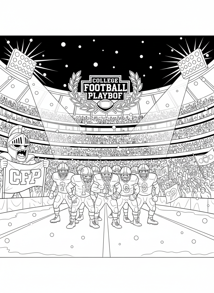 College Football Playoff coloring page prompts capturing tradition, rivalry, pageantry, and high-stakes championship football moments.	Snowflakes drifting through stadium lights on a cold playoff night, players huddled together between plays with focused faces and frosted breath.