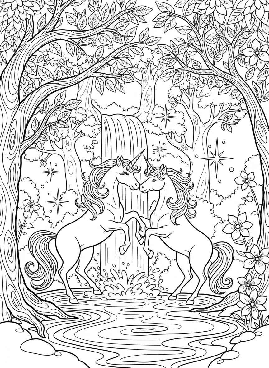 Two unicorns playing together near a sparkling waterfall in an enchanted forest with magical trees.