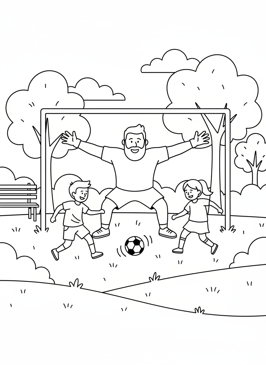A dad and kids playing soccer in a park, with the dad as goalie and children kicking the ball toward the goal.